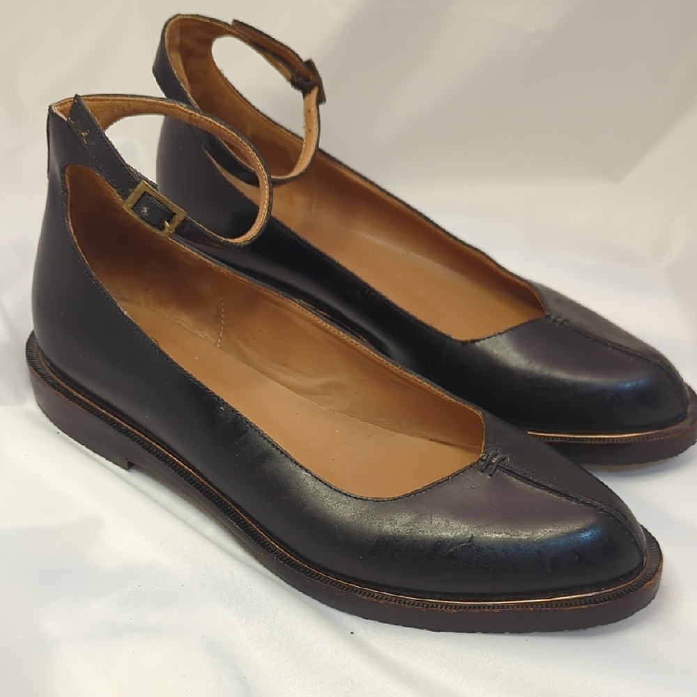 John Fluevog Modvog Jen Black Leather Ankle Strap Flats